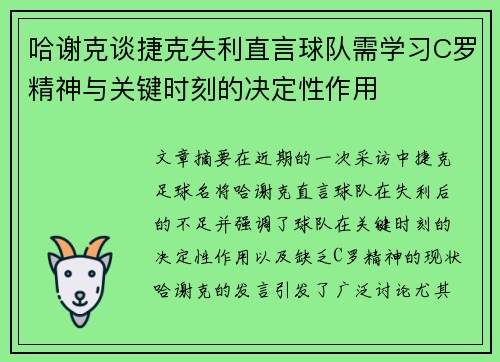 哈谢克谈捷克失利直言球队需学习C罗精神与关键时刻的决定性作用 哈谢克谈捷克失利直言球队需学习C罗精神与关键时刻的决定性作用